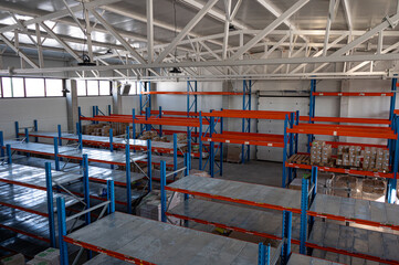 Empty warehouse interior with industrial storage racks