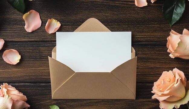 blank white card mockup on kraft paper envelope, surrounded by soft peach pink roses with green leaves and scattered rose petals on rustic dark wood plank background