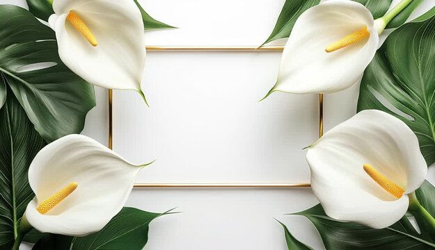 elegant floral frame border with white calla lilies and green tropical leaves arranged in corners, thin double gold rectangular frame in center