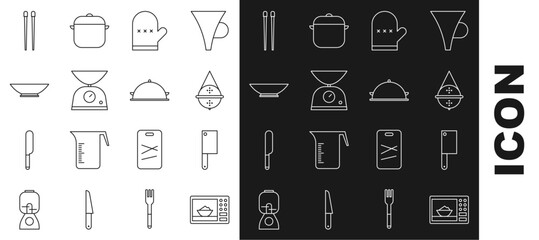 Set line Microwave oven, Meat chopper, Ball tea strainer, Oven glove, Scales, Bowl, Food chopsticks and Covered with tray of food icon. Vector