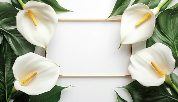 elegant floral frame border with white calla lilies and green tropical leaves arranged in corners, thin double gold rectangular frame in center