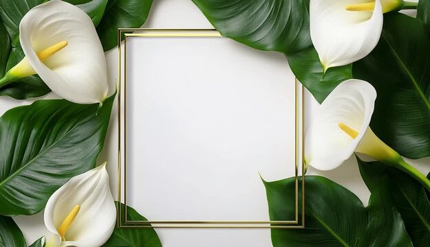 elegant floral frame border with white calla lilies and green tropical leaves arranged in corners, thin double gold rectangular frame in center