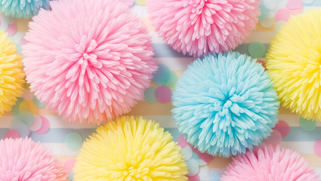 Overhead, whimsical flat lay of oversized, puffy pom-pom flowers and confetti on pastel-striped fabric. Ideal for baby showers, birthdays, spring events, crafting, social media, and textile designs.