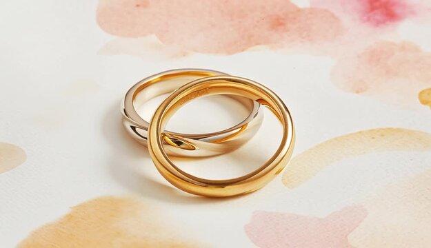interlocking gold wedding bands on white watercolor textured background, rings overlapping in classic infinity symbol position
