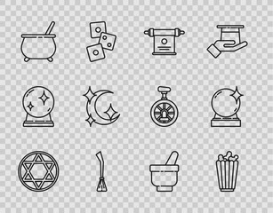 Set line Star of David, Popcorn in box, Magic scroll, Witches broom, cauldron, Moon and stars, mortar pestle and ball icon. Vector © Oksana