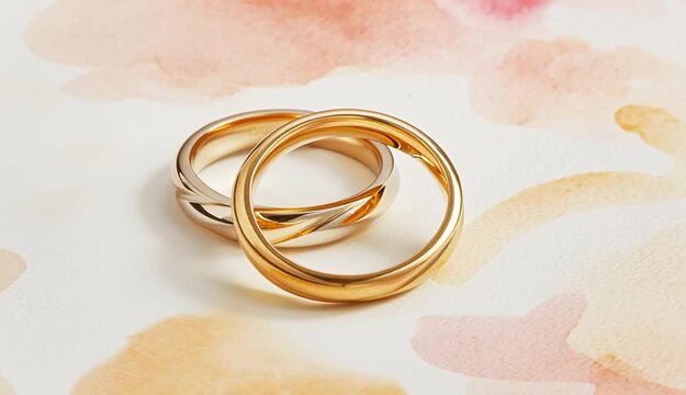 interlocking gold wedding bands on white watercolor textured background, rings overlapping in classic infinity symbol position
