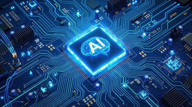 AI Chip in Neon Blue Circuit Board with Futuristic Glow and High-Tech Details for Technology Background