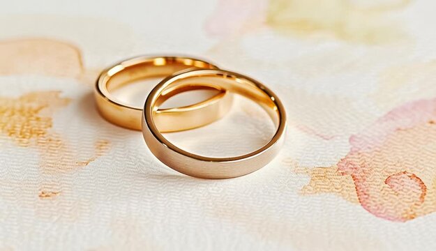 interlocking gold wedding bands on white watercolor textured background, rings overlapping in classic infinity symbol position
