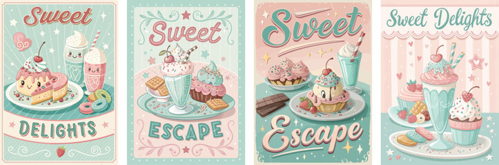 Colorful sweet delights featuring desserts and treats in pastel shades.