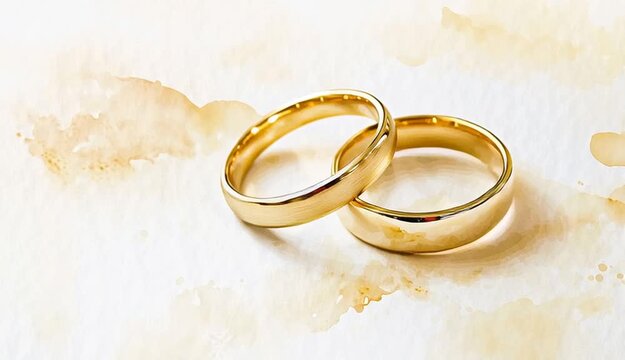 interlocking gold wedding bands on white watercolor textured background, rings overlapping in classic infinity symbol position
