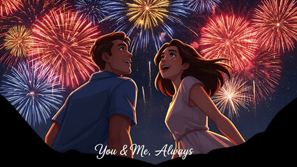 Animated couple gazing at vibrant fireworks. Perfect for Valentine's Day, anniversaries, romantic celebrations, engagement announcements, greeting cards, or expressing love with 'You & Me,