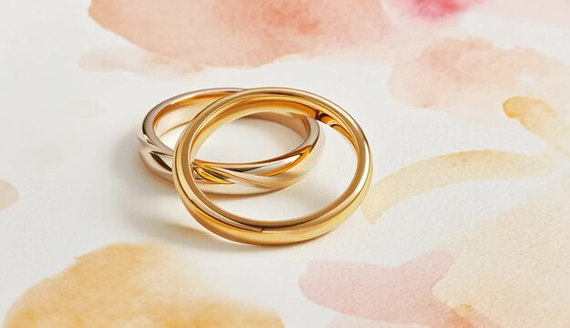 interlocking gold wedding bands on white watercolor textured background, rings overlapping in classic infinity symbol position
