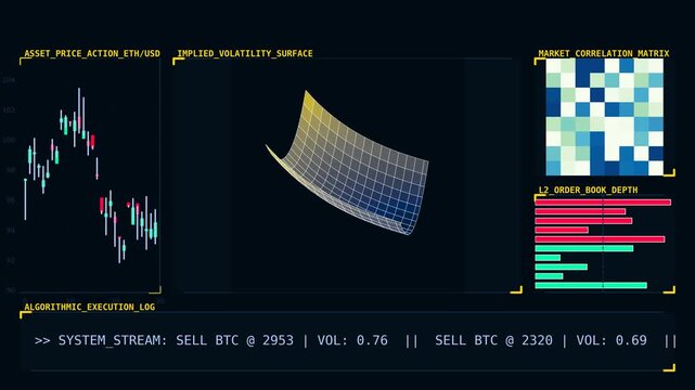 Futuristic AI Trading Dashboard with Real Time Market Data, Algorithmic Finance HUD, Volatility Surface, Candlestick Charts and Quantum Fintech Interface