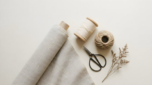Minimal craft workspace flat lay with linen fabric and sewing tools