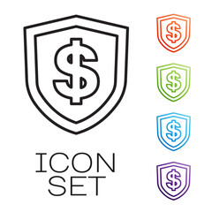 Obraz premium Black line Shield with dollar symbol icon isolated on white background. Security shield protection. Money security concept. Set icons colorful. Vector