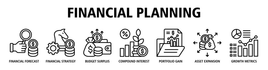 Fototapeta premium Financial Planning web banner icon vector illustration concept with icons of financial forecast, strategic finance, budget surplus, compound interest, portfolio gain, asset expansion, and growth.