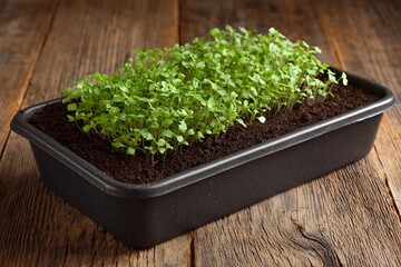 Growing small plants in a tray on a wooden table
