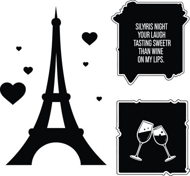 Black and white silhouette of the Eiffel Tower with hearts and romantic quote for Paris travel and valentines day celebration on white background.
