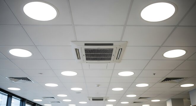 Modern office ceiling with central air vent and recessed lighting