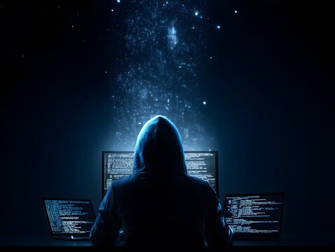 Hacker at Night Working on Multiple Screens with Digital Particles