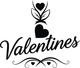 Fototapeta premium Black and white elegant valentines day typography design with heart shapes and decorative floral leaf elements for romantic greeting cards on white.