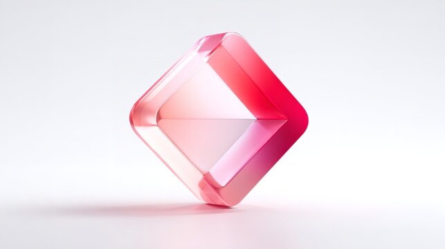 Transparent three dimensional rhombus shape rendered with pink gradient reflections resting on a light surface, abstract geometric object suitable for digital design applications and presentations.