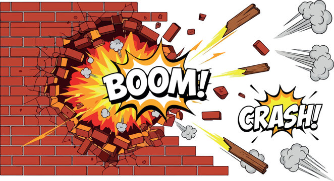 Comic Book Explosion Brick Wall Destruction Illustration with BOOM and CRASH Sound Effects