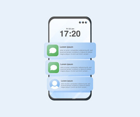 Pop-up push notification template on smartphone screen, vector illustration. Smartphone notification center template