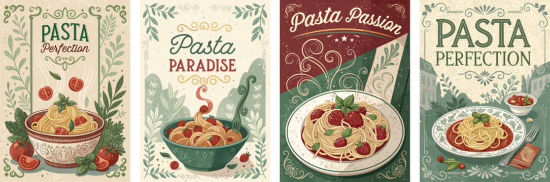 Colorful vintage pasta illustrations celebrating delicious Italian cuisine.