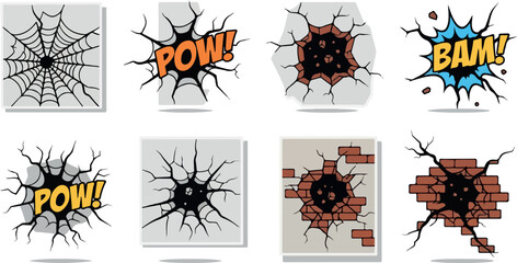 Comic Book Burst and Crack Effects Pow, Bam, and Spiderweb Design Elements © dhorido studio