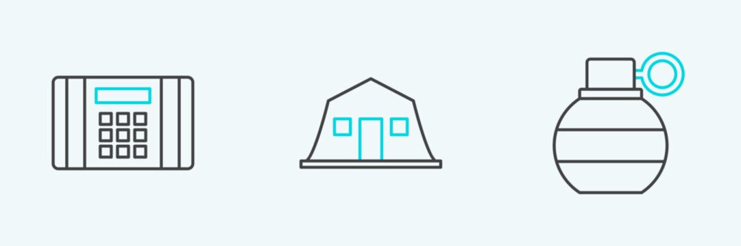 Set line Hand grenade, Dynamite bomb and Military barracks icon. Vector