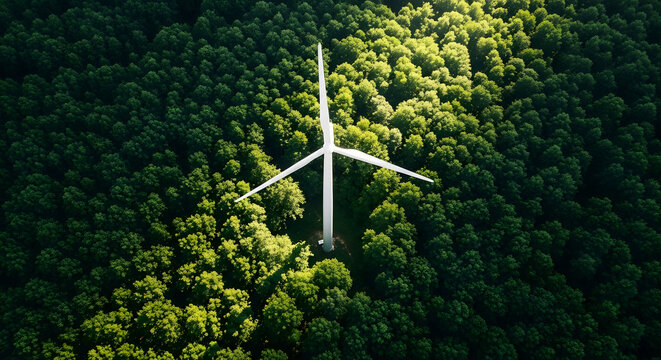 Single wind turbine rising above a lush green forest canopy in sunlight