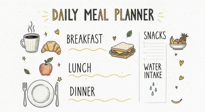 Hand-drawn Daily Meal Planner with Breakfast, Lunch, Dinner, Snacks and Water Intake
