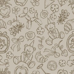 Teddy Bear Toile,Croissant, Ribbon, Strawberry, Flower, Balloon Dog, Cake,Seamless Pattern, PNG, JPG Digital