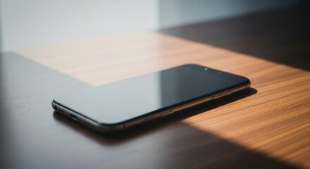 Contemporary Smartphone on Wood Table, Bathed in Sunlight and Deep Contrasting Shadows.