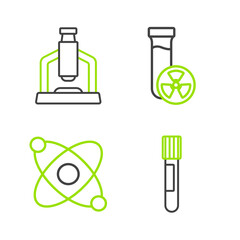 Set line Test tube, Atom, with toxic liquid and Microscope icon. Vector