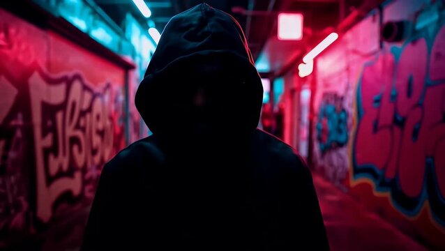 Hooded Silhouette Standing In Neon Lit Graffiti Alley With Zoom Effect
