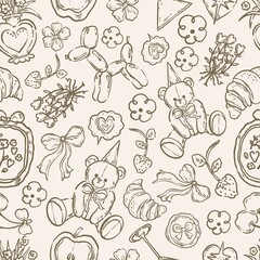 Teddy Bear Toile,Croissant, Ribbon, Strawberry, Flower, Balloon Dog, Cake,Seamless Pattern, PNG, JPG Digital