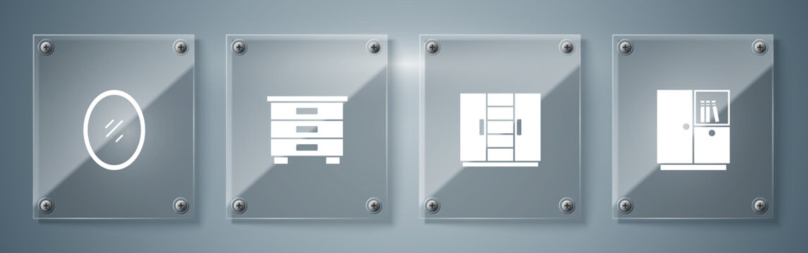 Set Wardrobe, , Furniture nightstand and Mirror. Square glass panels. Vector