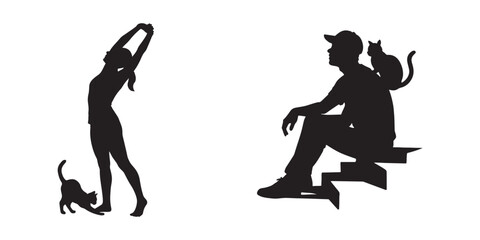 Man and woman with their pet cat silhouette set
