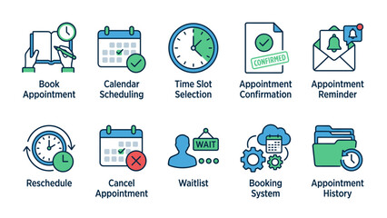 Set of 10 Appointment Booking and Scheduling Icons Featuring Calendar Management, Time Slot Selection, Confirmation, Reminders, Rescheduling, Cancellation, Waitlist, and Booking System History.