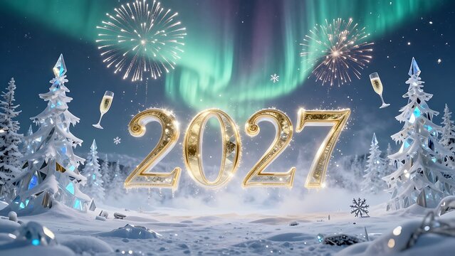 Les chiffres 2027 en or,  brillent dans un d&eacute;cor hivernal f&eacute;&eacute;rique, avec des feux d'artifice et des aurores bor&eacute;ales, festif, 