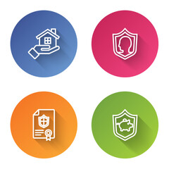 Set line House in hand, Life insurance with shield, Contract and Piggy bank. Color circle button. Vector