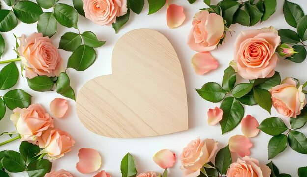 wooden heart-shaped frame in center surrounded by fresh pink roses and green leaves on white background, flat lay composition
