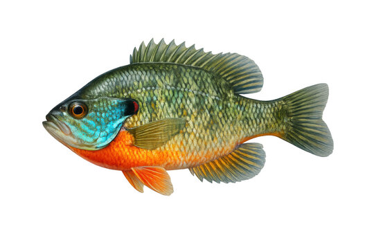 Colorful sunfish showing intricate scales and vibrant patterns, a freshwater aquatic animal isolated with transparent background