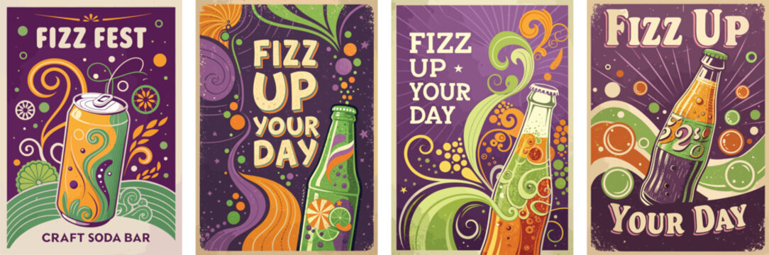 Colorful vintage-style soda bar posters featuring fizzy drinks and playful designs.