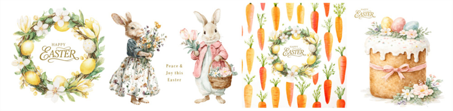 Watercolor Easter illustrations featuring cute bunnies, floral wreaths, eggs, carrots and festive cake, soft pastel colors, spring holiday decor, hand painted seasonal design set.