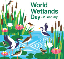 Naklejka premium Vector illustration for World Wetlands Day showing birds, water plants, and vibrant ecosystem on February 2nd.