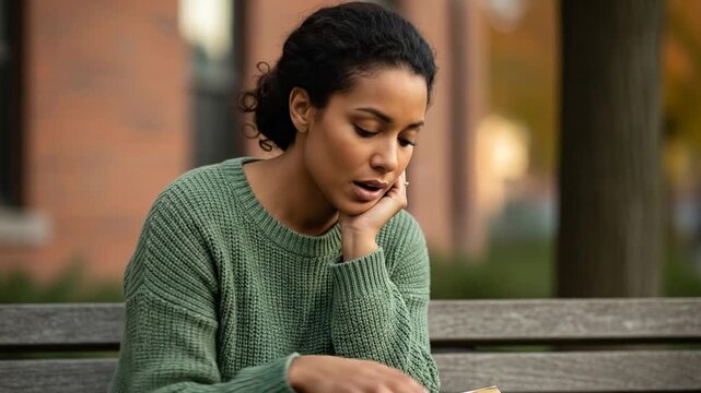 Diverse Woman Sitting Alone on City Bench Looking Thoughtful