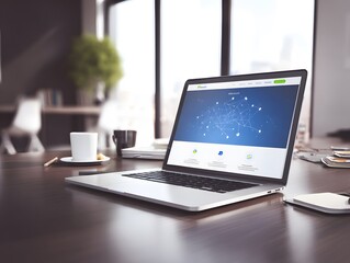 Fototapeta premium Laptop on office desk displaying global network connections